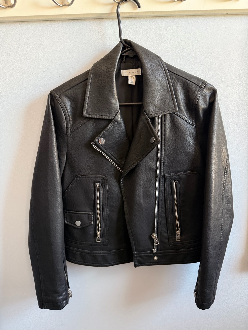 Topshop Black Leather Bomber-Style Moto Jacket